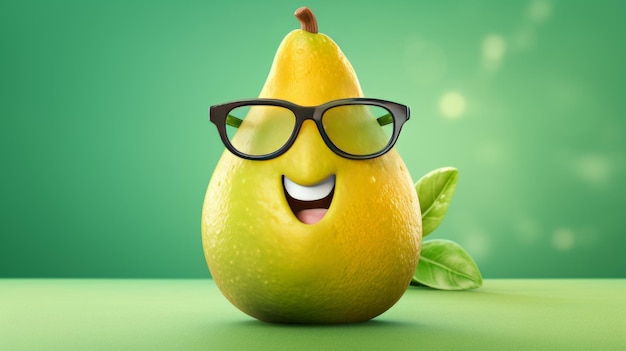 Alegre y feliz pera con gafas sonriendo fruta antropomórfica en gafas de sol