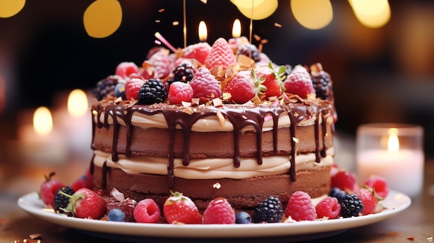 Alegre festa de aniversário com delicioso bolo de chocolate