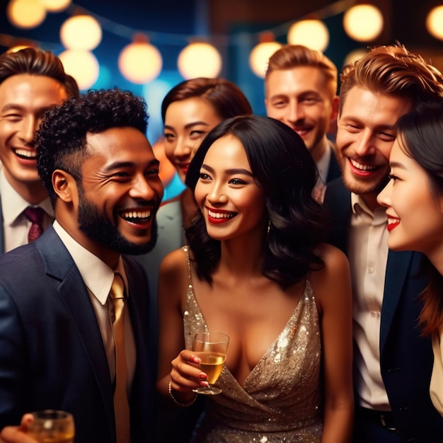 Alegre gente de negocios multiétnica divirtiéndose en la fiesta diversidad muchas razas inclusión