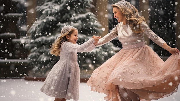 El alegre giro nevado de madre e hija