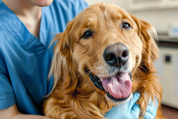 El alegre golden retriever abrazado por el veterinario