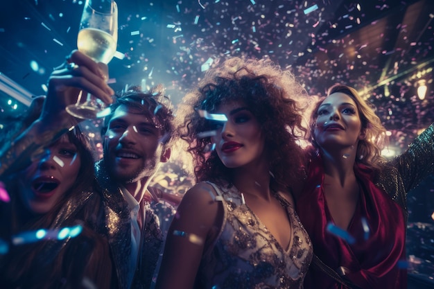 Un alegre grupo de amigos disfruta de la fiesta de año nuevo en la discoteca