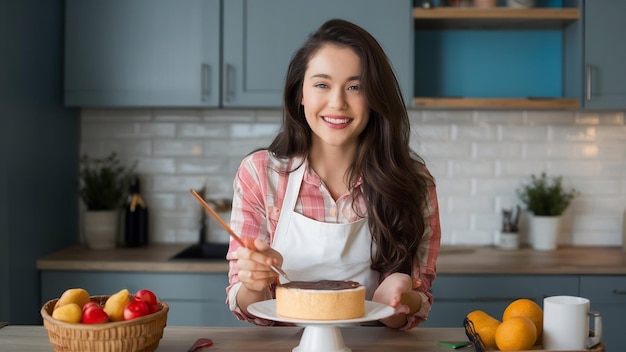 La alegre y hermosa chica ha cocinado pastel.