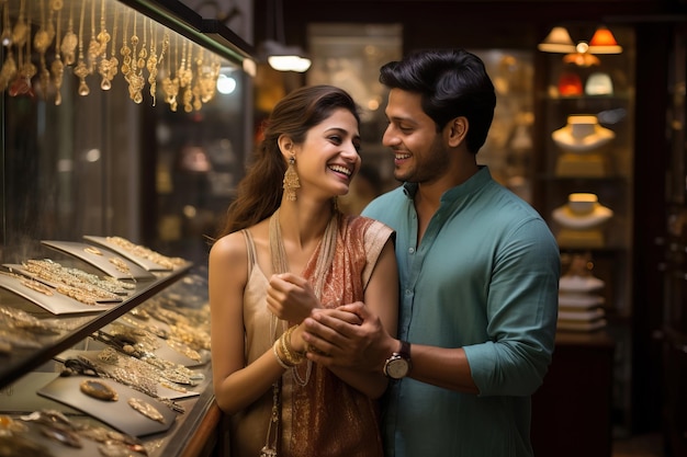 Una alegre y hermosa pareja de jóvenes indios disfrutando de las compras en una tienda de joyas moderna.