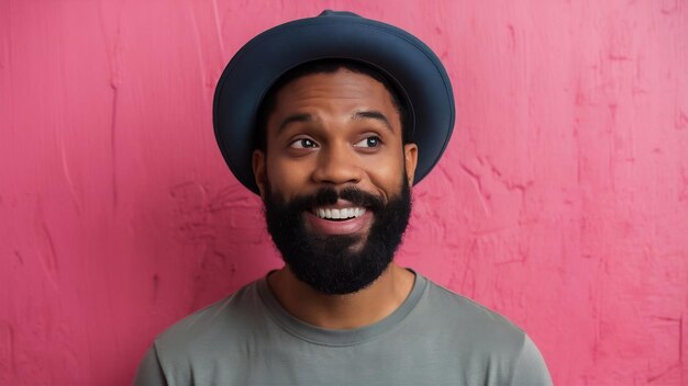 Foto alegre hombre negro barbudo sonríe fruncido mira curiosamente a un lado tiene dientes blancos incluso lleva sombrero y t