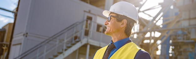 Alegre ingeniero masculino haciendo trámites al aire libre en la fábrica