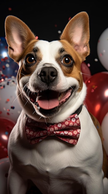 Alegre Jack Russell pastel corbata roja sombrero de fiesta globos fondo blanco celebración Vertical Móvil