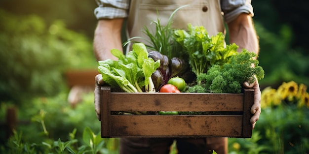 Un alegre jardinero sostiene con orgullo una caja de verduras frescas cultivadas con cuidado y esfuerzo La cosecha es su orgullo IA IA generativa