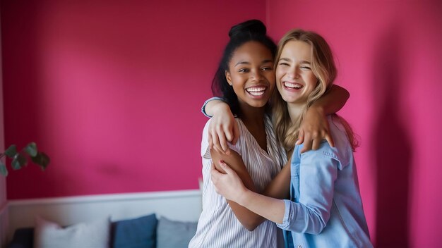 Foto alegre jovem de pele escura está perto de sua melhor amiga caucasiana modelo de novo