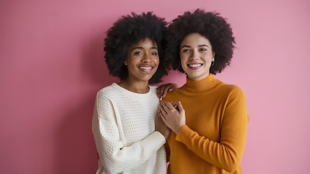 Foto alegre jovem de pele escura está perto de sua melhor amiga caucasiana modelo de novo