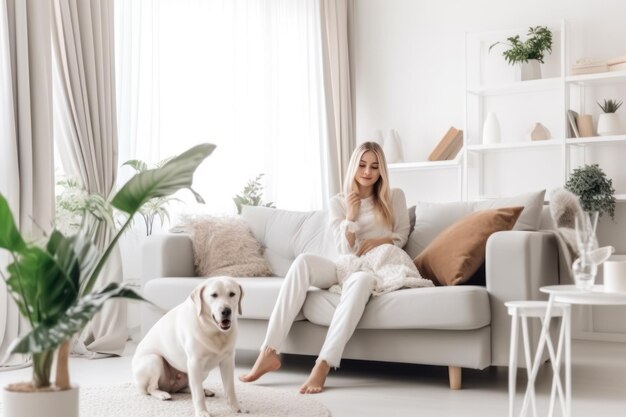 Alegre jovem feliz dona de cachorro na sala de estar Generative AI