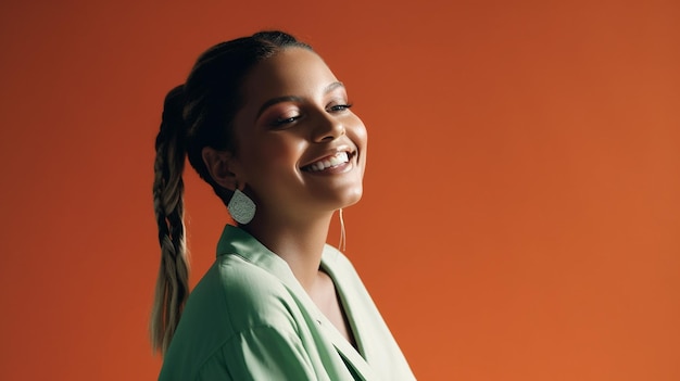 Alegre joven adulta sonriendo con los dientes expuestos en un retrato de estudio