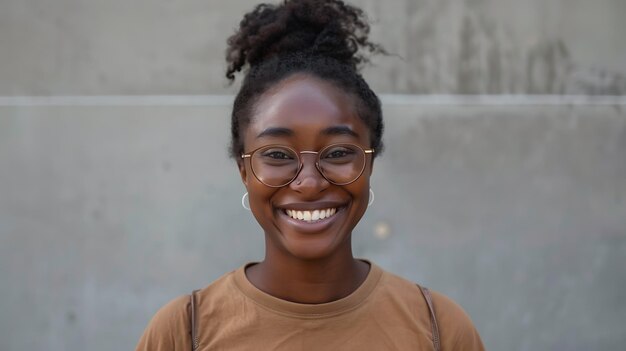 Alegre joven afroamericana con el cabello rizado sonriendo a la cámara Ella lleva una camiseta marrón y gafas