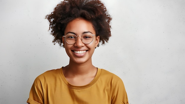 Alegre joven afroamericana con el cabello rizado usando gafas elegantes y traje casual sonriendo felizmente a la cámara contra un fondo blanco