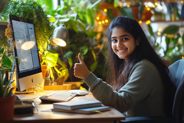 Foto una alegre joven asiática india que estudia en casa hace un doble gesto de pulgar