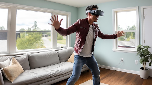 Alegre joven bailando en realidad virtual AI generativa