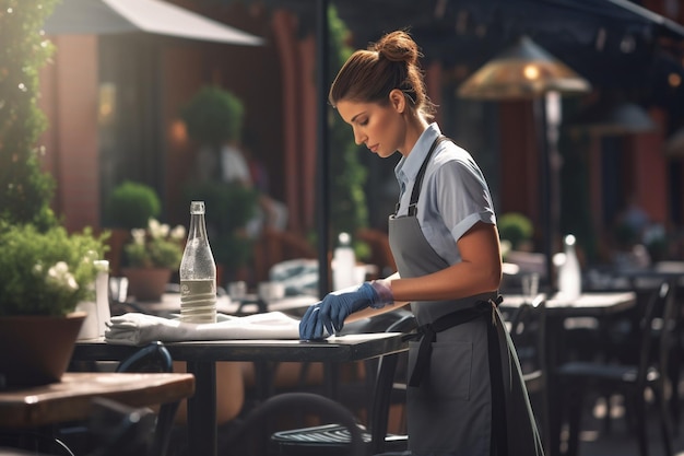 Alegre joven camarera en uniforme y guantes de goma limpiando la mesa en el café Ai Generado