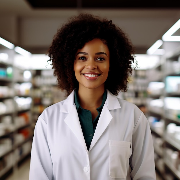 Alegre joven farmacéutica afroamericana