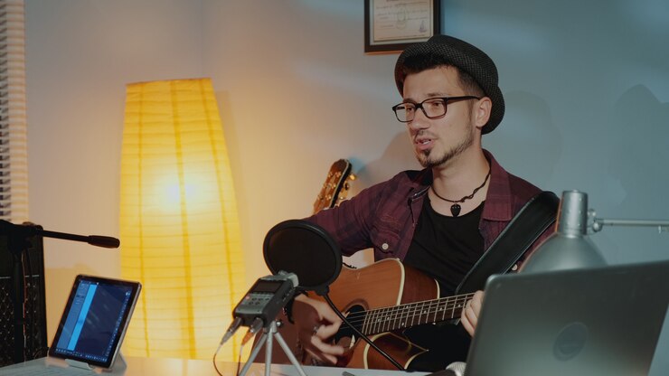 Foto alegre joven músico tocando la guitarra y cantando en el micrófono en el estudio casero