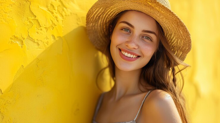 Alegre joven con sombrero posando contra la pared amarilla