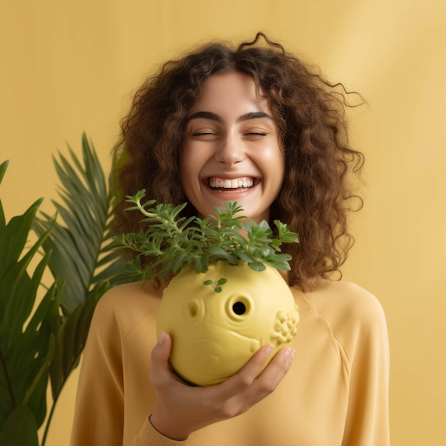 Alegre joven sosteniendo una alcancía con planta verde