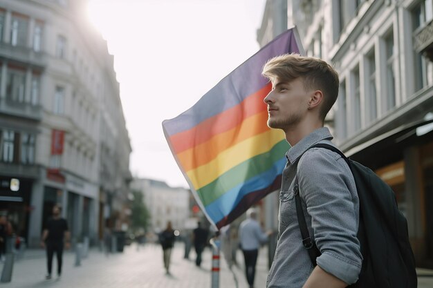 Alegre joven transgénero caminando por la calle con una bandera del arco iris en el fondo Celebración del orgullo gay libertad y concepto lgtbq