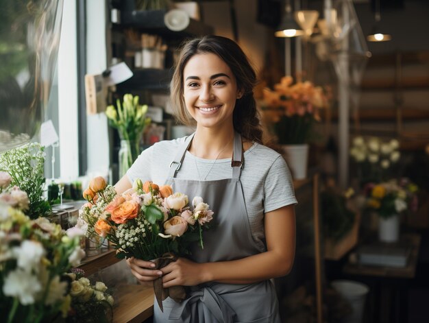 La alegre joven vendedora está esperando a los clientes de la tienda de flores Generative Ai