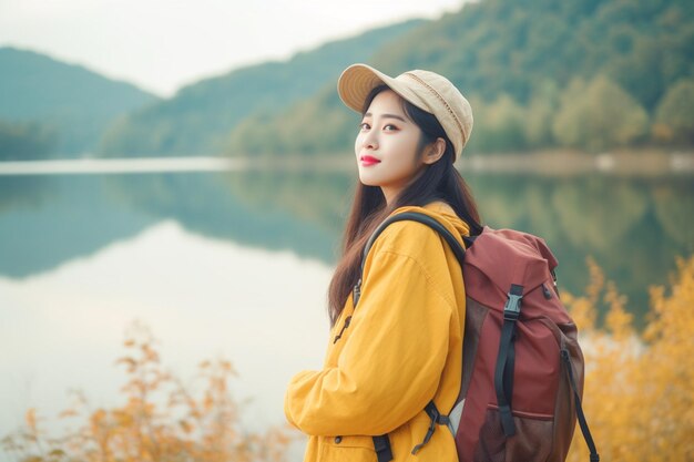 Alegre joven viajera asiática con mochila caminando en el lago de la montaña adolescente coreana disfruta de sus vacaciones aventura sintiéndose feliz libertad estilo de vida viajar y relajarse en el concepto de tiempo libre