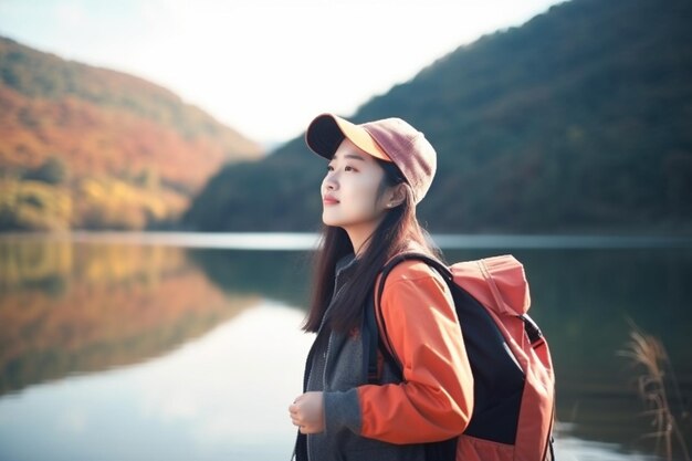 Alegre joven viajera asiática con mochila caminando en el lago de la montaña adolescente coreana disfruta de sus vacaciones aventura sintiéndose feliz libertad estilo de vida viajar y relajarse en el concepto de tiempo libre