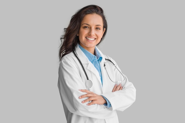 Alegre joven vistiendo bata blanca con estetoscopio médico posando sobre fondo gris y