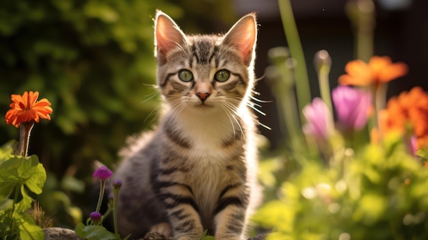 El alegre juego del gatito en el jardín