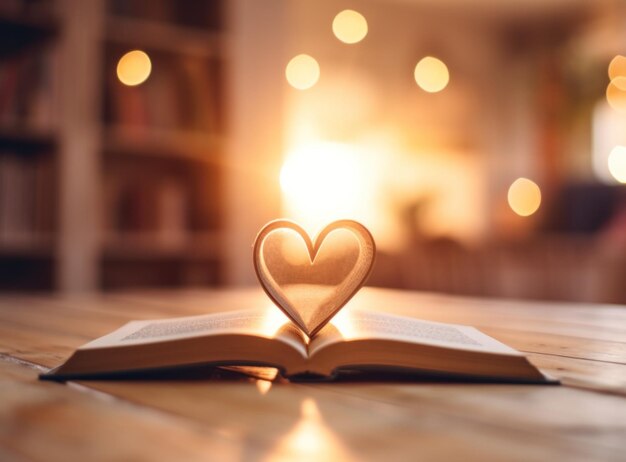 un alegre libro del día de San Valentín con forma de corazón en el medio encima de una mesa de madera
