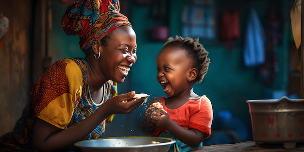 Alegre mãe africana alimentando seu filho feliz, momento caloroso em família em uma casa humilde, carinho e risadas AI