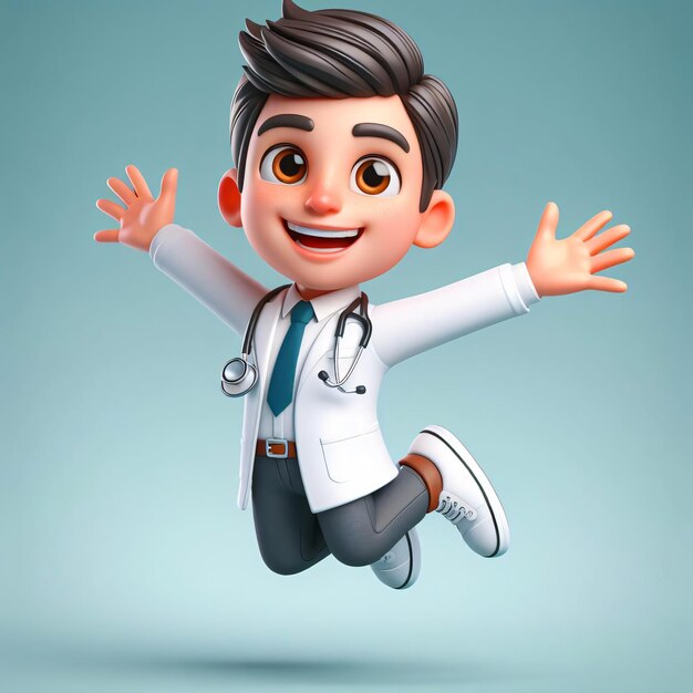 Alegre médico animado en 3D salta alegremente estilo de animación de dibujos animados colores brillantes