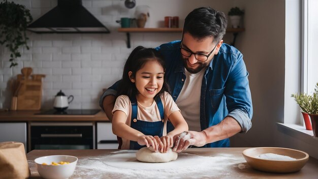Alegre menina latina e seu pai rolando e amassando massa na mesa da cozinha com pó de farinha