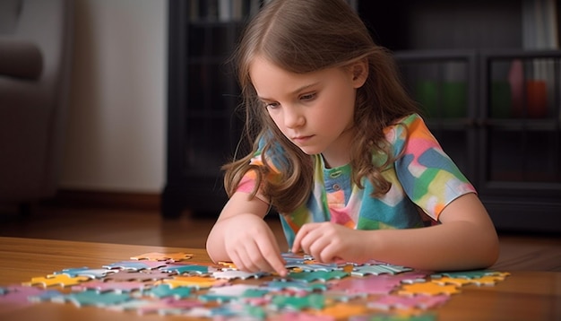 Alegre menina pré-escolar jogando jogo de quebra-cabeça colorido dentro de casa gerado por AI