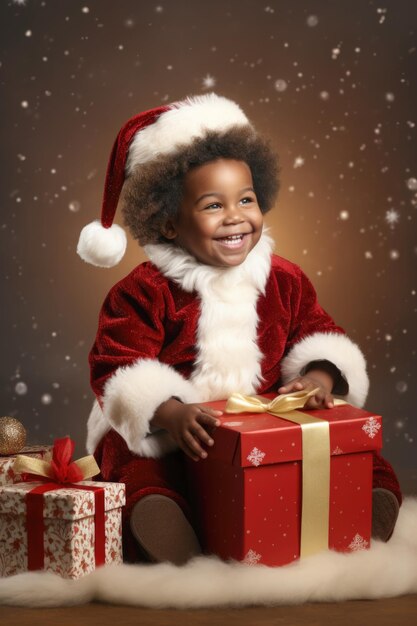 Alegre menino afro-americano fantasiado de Papai Noel contra um fundo de árvores de Natal e presentes de Ano Novo e Natal