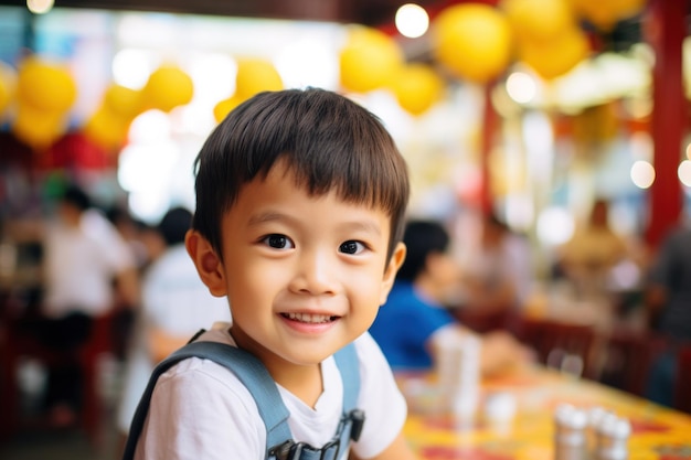Alegre menino asiático sorrindo em ambiente festivo