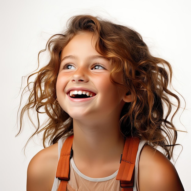 Foto alegre muchacha australiana de 8 años riendo en un estudio profesional