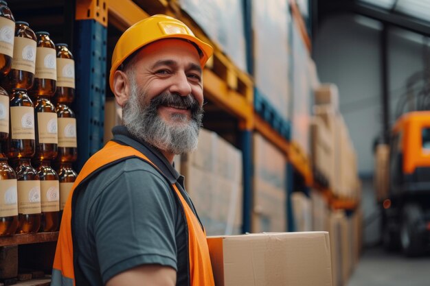 Alegre mudante de mediana edad con barba y cajas en la fábrica