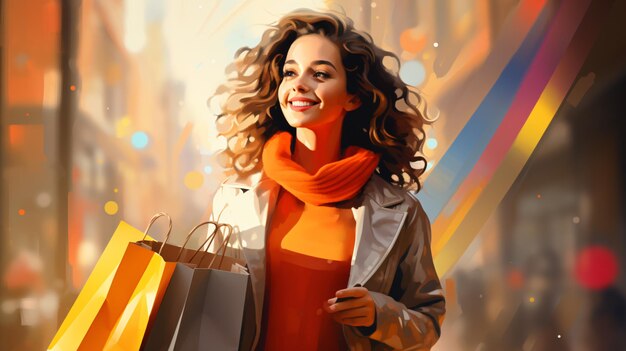 Alegre mujer adicta a las compras con bolsas de compras