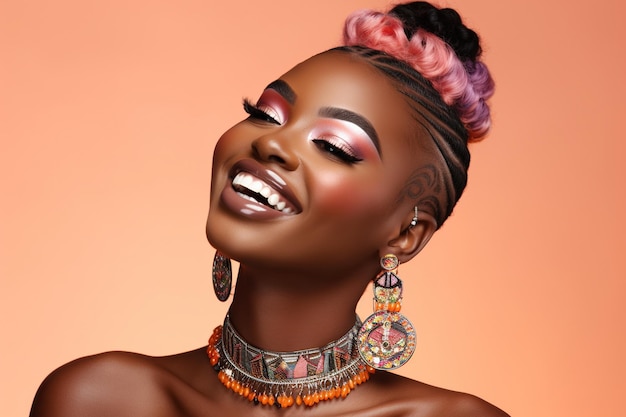 Alegre mujer africana con maquillaje sonriendo en un estudio