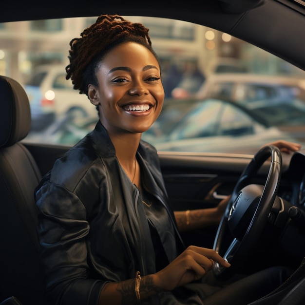 Alegre mujer afro con cabello rizado disfrutando de un viaje en el interior de un coche de la ciudad