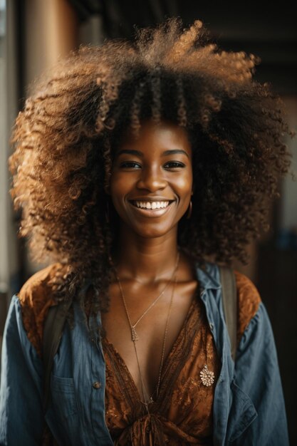 Foto alegre mujer afro que se abraza a sí misma