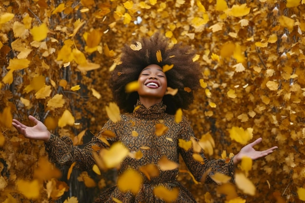 Alegre mujer afro riendo en medio de las hojas que caen