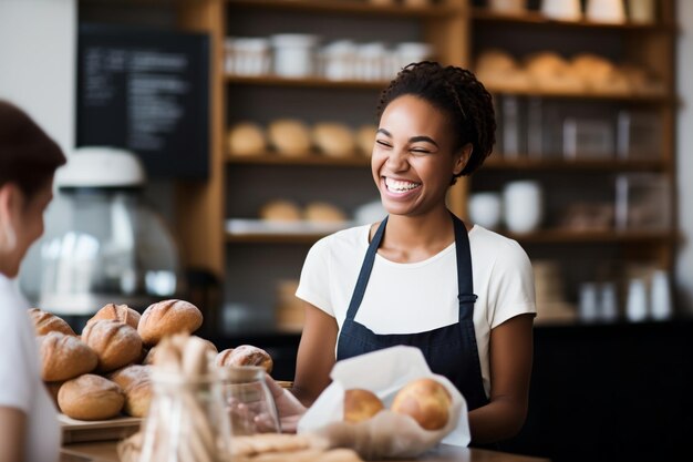 Alegre mujer afroamericana dueña de una panadería Pequeño negocio