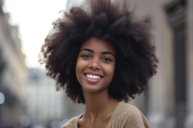 Alegre mujer afroamericana con peinado afro posa naturalmente en un entorno urbano