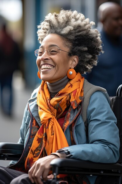 Alegre mujer afroamericana en silla de ruedas