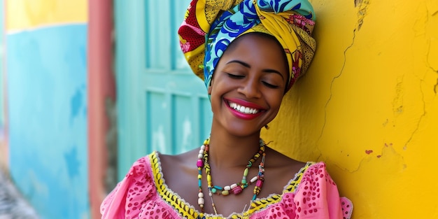 Una alegre mujer afrobrasileña celebra la cultura Baiana en Salvador da Bahia, Brasil