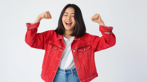 Alegre mujer asiática celebrando con un alegre sí